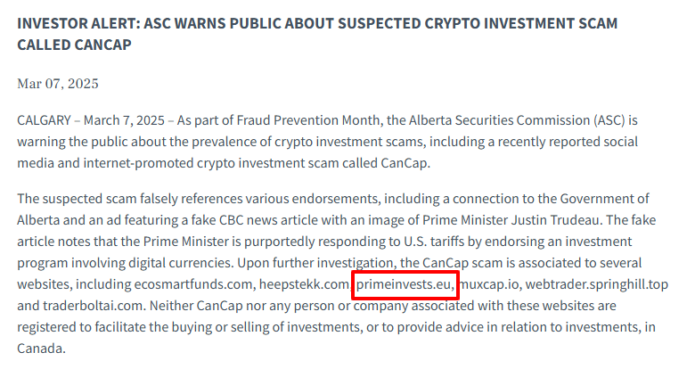 PrimeInvests Review – Important Insights of PrimeInvests.Eu Before You Invest 3 ASC-Warning