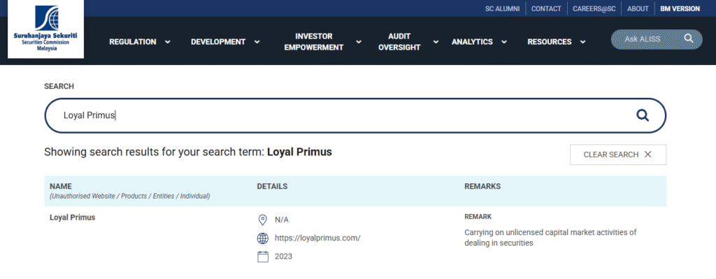 Investor-Alert-List-Securities-Commission-Malaysia-Loyal-Primus