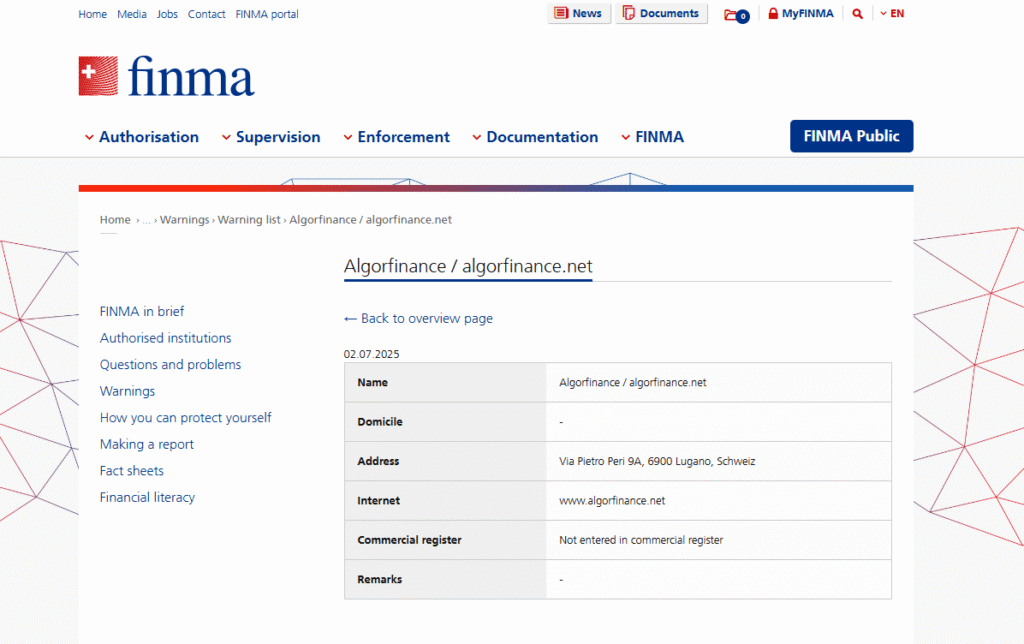 Algorfinance Review – Scam Broker Exposed by FINMA 2