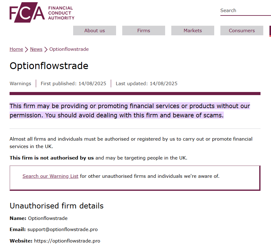 Optionflowstrade Review – Important Insights Before You Invest in Optionflowstrade 2 Optionflowstrade-FCA