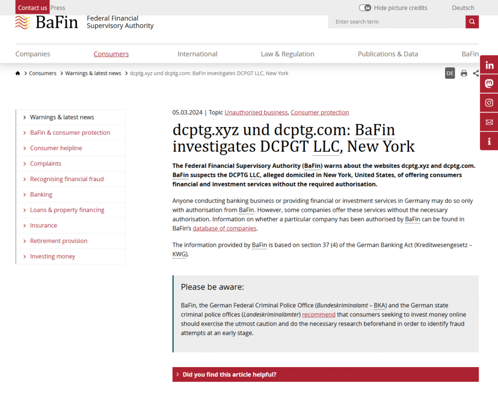 BaFin-Warnings-latest-news-dcptg-xyz-und-dcptg-com-BaFin-investigates-DCPGT-LLC-New-York