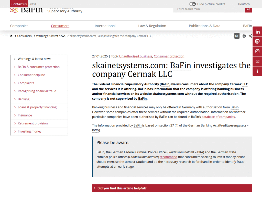 Skainet Systems Review – Important Insights Before You Invest in skainetsystems.com 2 BaFin-Warnings-latest-news-skainetsystems-com-BaFin-investigates-the-company-Cermak-LLC