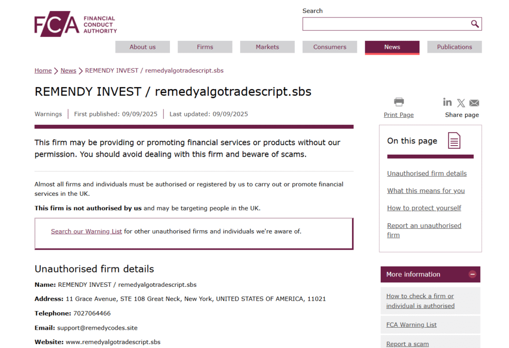 REMENDY INVEST Review – Important Insights Before You Invest in remedyalgotradescript.sbs 2 REMENDY-INVEST-remedyalgotradescript-sbs-FCA-Warning