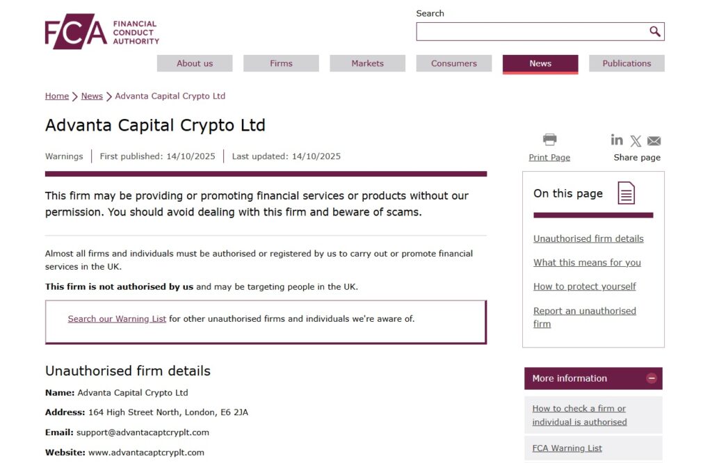 Advanta Capital Crypto Ltd Review – Important Insights Before You Invest in advantacaptcryplt.com 2 Advanta-Capital-Crypto-Ltd-FCA-Warning