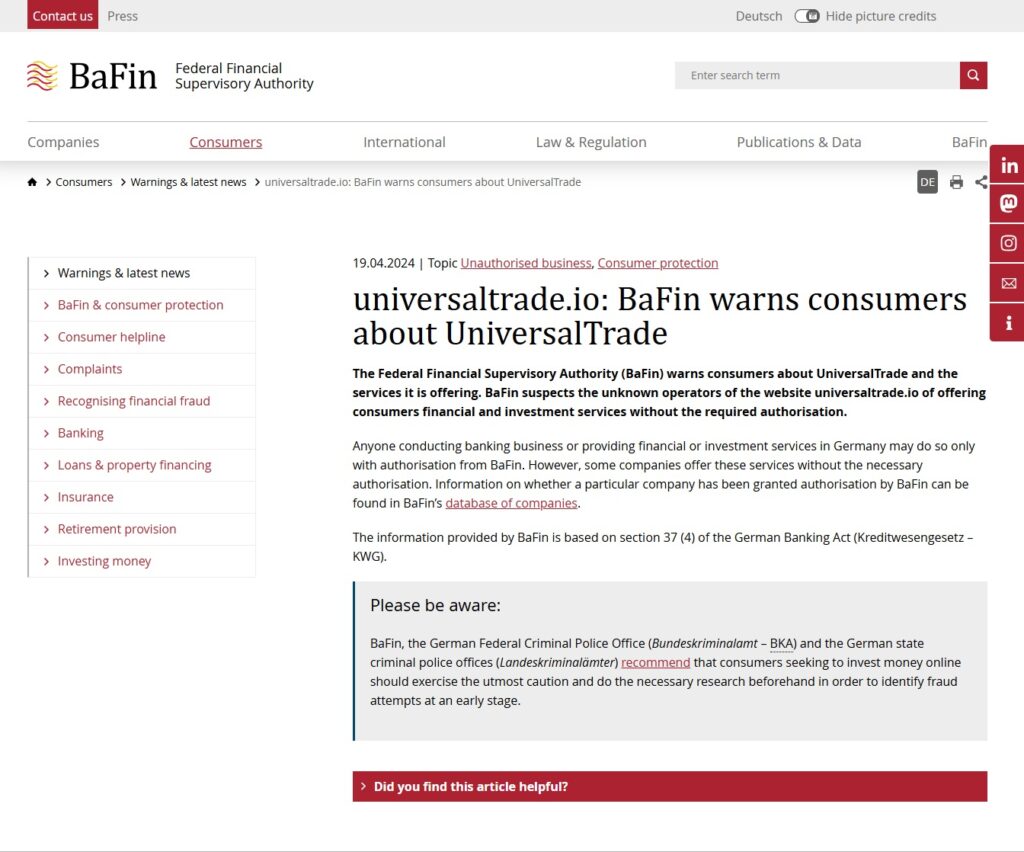 Universal Trade Review – Important Insights Before You Invest in universaltrade.io 2 BaFin-Warnings-latest-news-universaltrade-io-BaFin-warns-consumers-about-UniversalTrade