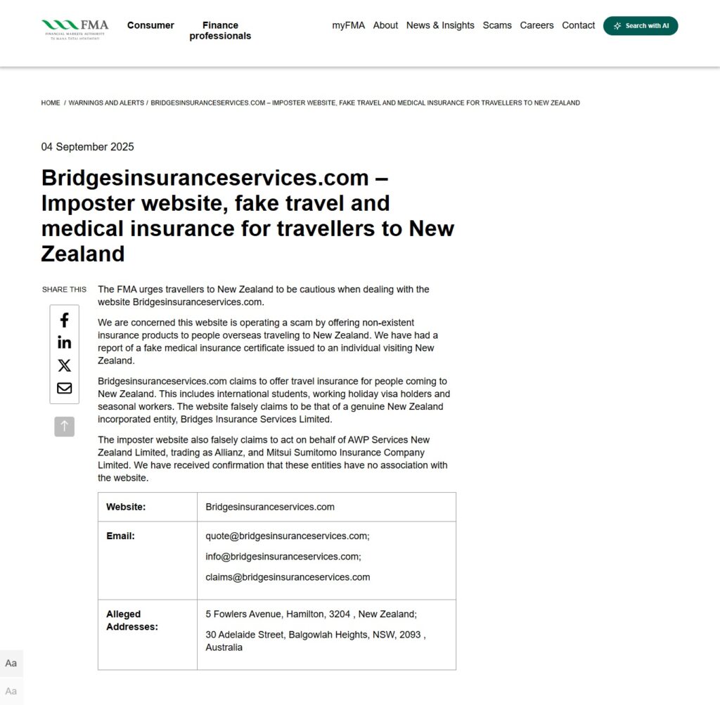 Bridgesinsuranceservices.com Review – Important Insights Before You Invest in Bridgesinsuranceservices.com 2 Bridgesinsuranceservices-com-–-Imposter-website-fake-travel-and-medical-insurance-for-travellers-to-New-Zealand-Financial-Markets-Authority