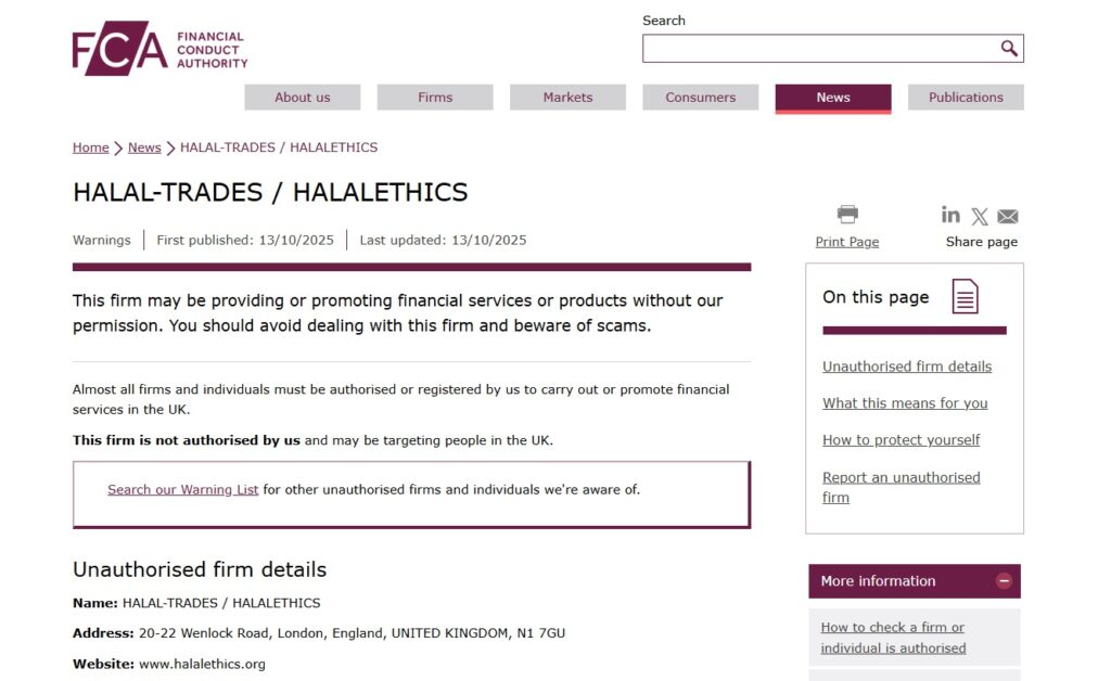 HALAL-TRADES Review – Important Insights Before You Invest in halalethics.org 2 HALAL-TRADES-HALALETHICS-FCA-Warning