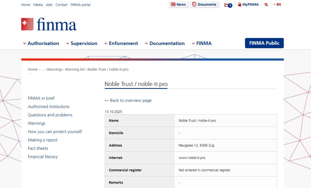 Noble Trust Review – Important Insights Before You Invest in Noble-tr.pro 2 Noble-Trust-noble-tr-pro-Warning-list-FINMA