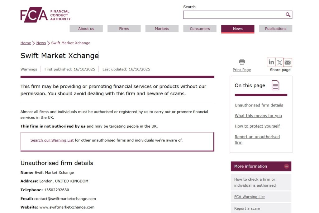 Swift Market Xchange Review – Important Insights Before You Invest in Swiftmarketxchange.com 2 Swift-Market-Xchange-FCA-Warning