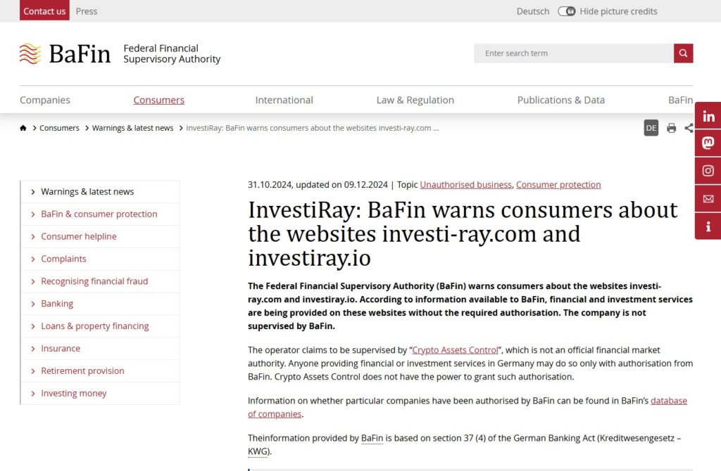 BaFin-Warnings-latest-news-InvestiRay-BaFin-warns-consumers-about-the-websites-investi-ray-com