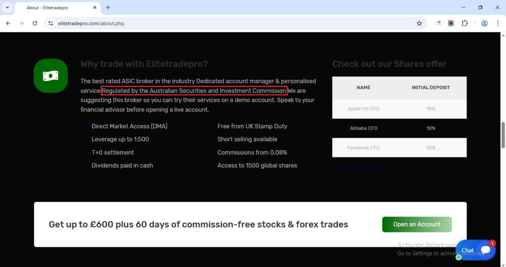 ELITE TRADEPRO Claims to be Regulated by the Australian Securities and Investment Commission.
