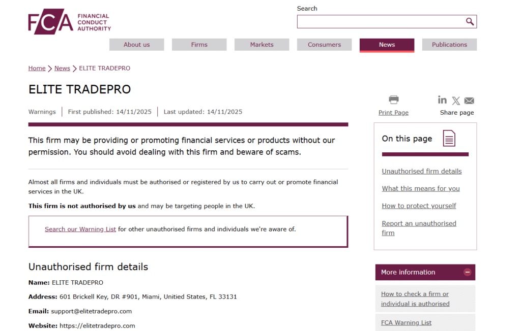 ELITE-TRADEPRO-FCA-Warning