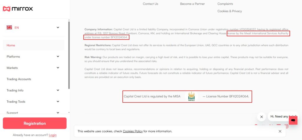 Mirrox claims to be license by the Mwali International Services Authority
