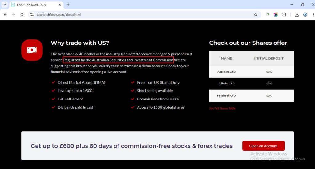 Top-Notch Forex Claims to be Regulated by the Australian Securities and Investment Commission.