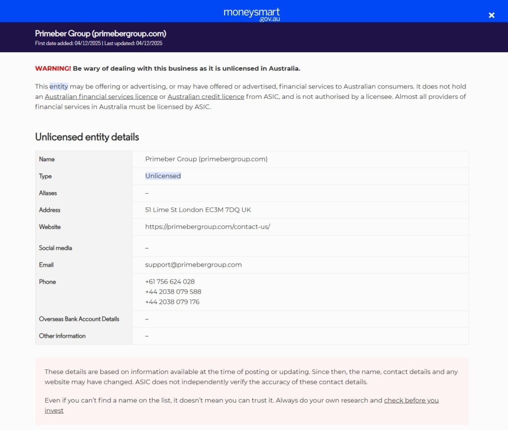 Investor-warning-Primeber-Group-primebergroup-com