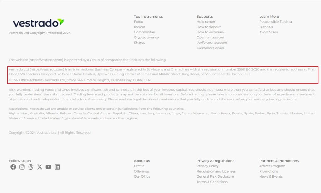 Vestrado Trading Broker Claims to registered in St Vincent and Grenadines with the registration number 25911 BC 2020.
